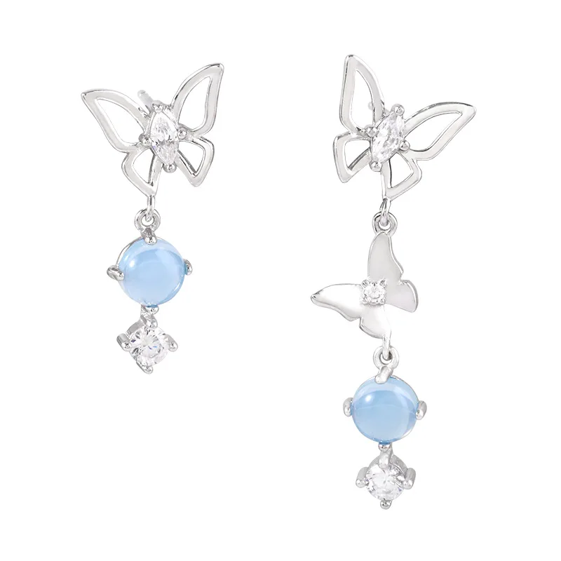

925 Sterling Silver Asymmetrical Butterfly Earrings Hollowed Light Blue CZ Zirconia Style Jewelry for Women Party Gifts