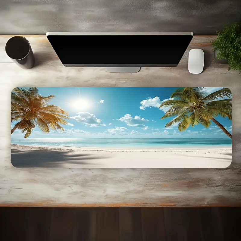 Large Gaming Mouse Pad, Fresh Vacation Design with Sunny Beaches and Palm Trees, Non-Slip Washable Rubber Base