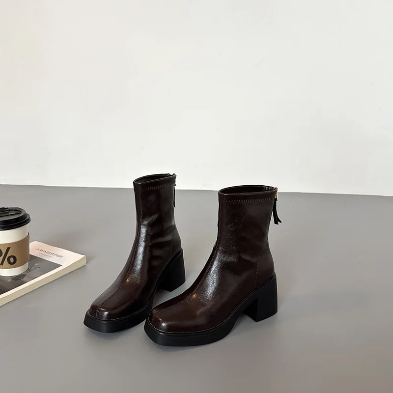 Women's Platform Chelsea Shorts Boots Spring Autumn Square Round Toe Zipper Ankle Boots Waterproof Mid High Heels Botas De Mujer view 2
