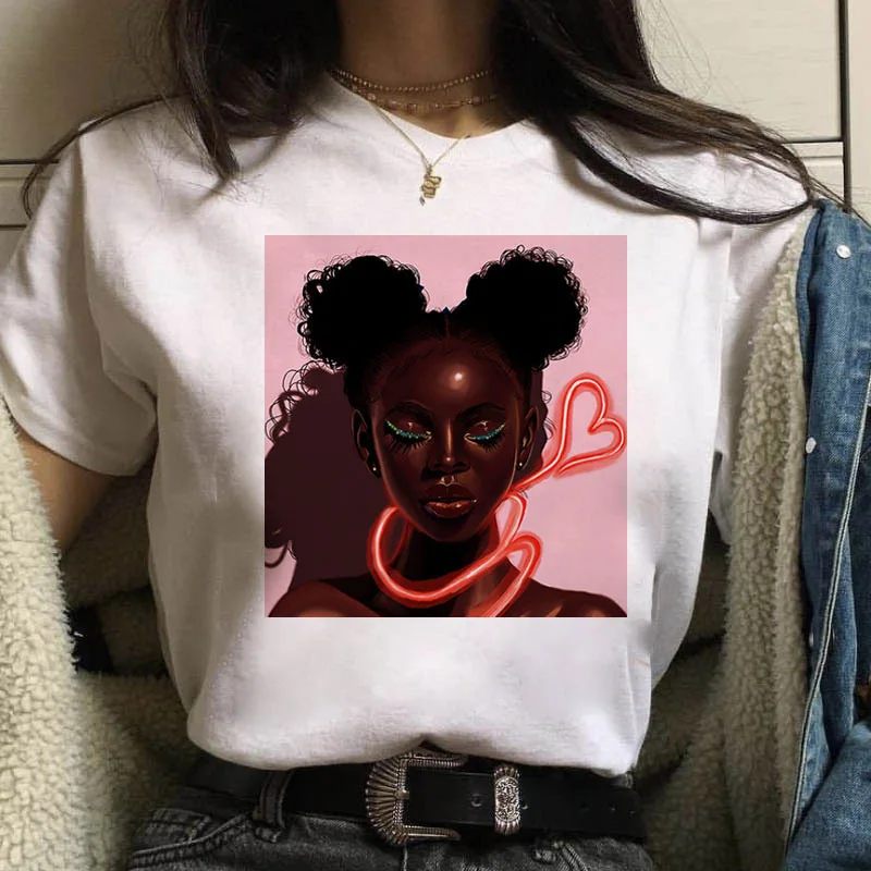 Instagram Fire African Curly Girl Black Girl Cartoon Print Short-sleeved Top TT-shirt Tops  Oversized T Shirt  Women Clothes