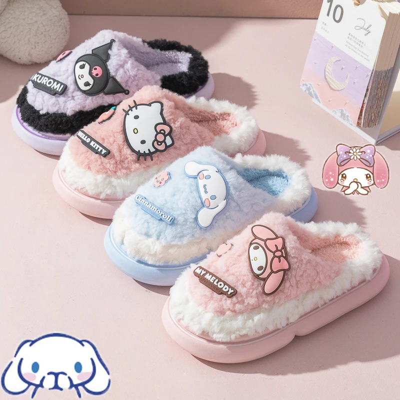 Sanrio Cinnamoroll Kuromi Mymelody kawaii Anime Plush Slippers Women Home Slides Fluffy Winter Warm Cartoon House Shoes Gifts