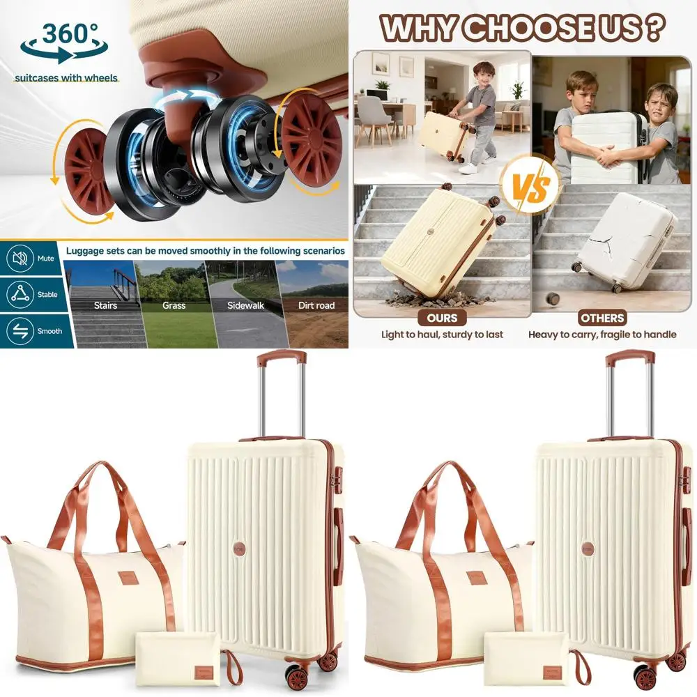 

3-Piece Luggage Set with 4-Year Warranty, Wheeled ABS PC Suitcases, TSA Lock, Waterproof Bag, Unisex Travel Suitcases in Beige