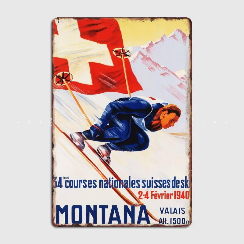 

MONTANA VALAIS Ski 1940 Vintage Winter Sports Poster Metal Sign Wall Mural Kitchen Design Wall Decor Tin Sign Poster