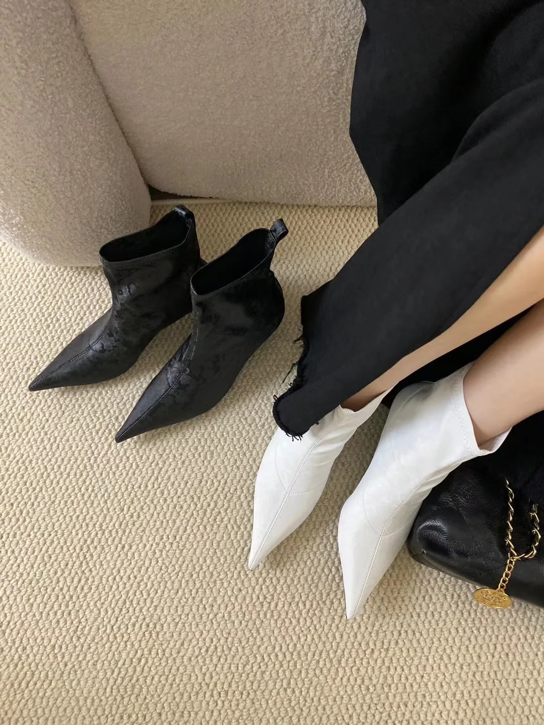 2024 New Arrivals Women Ankle Boots Chelsea Botas Thin Mid Heels Sock Stretch Shoes Slip On Autumn Winter Boots Black White 39