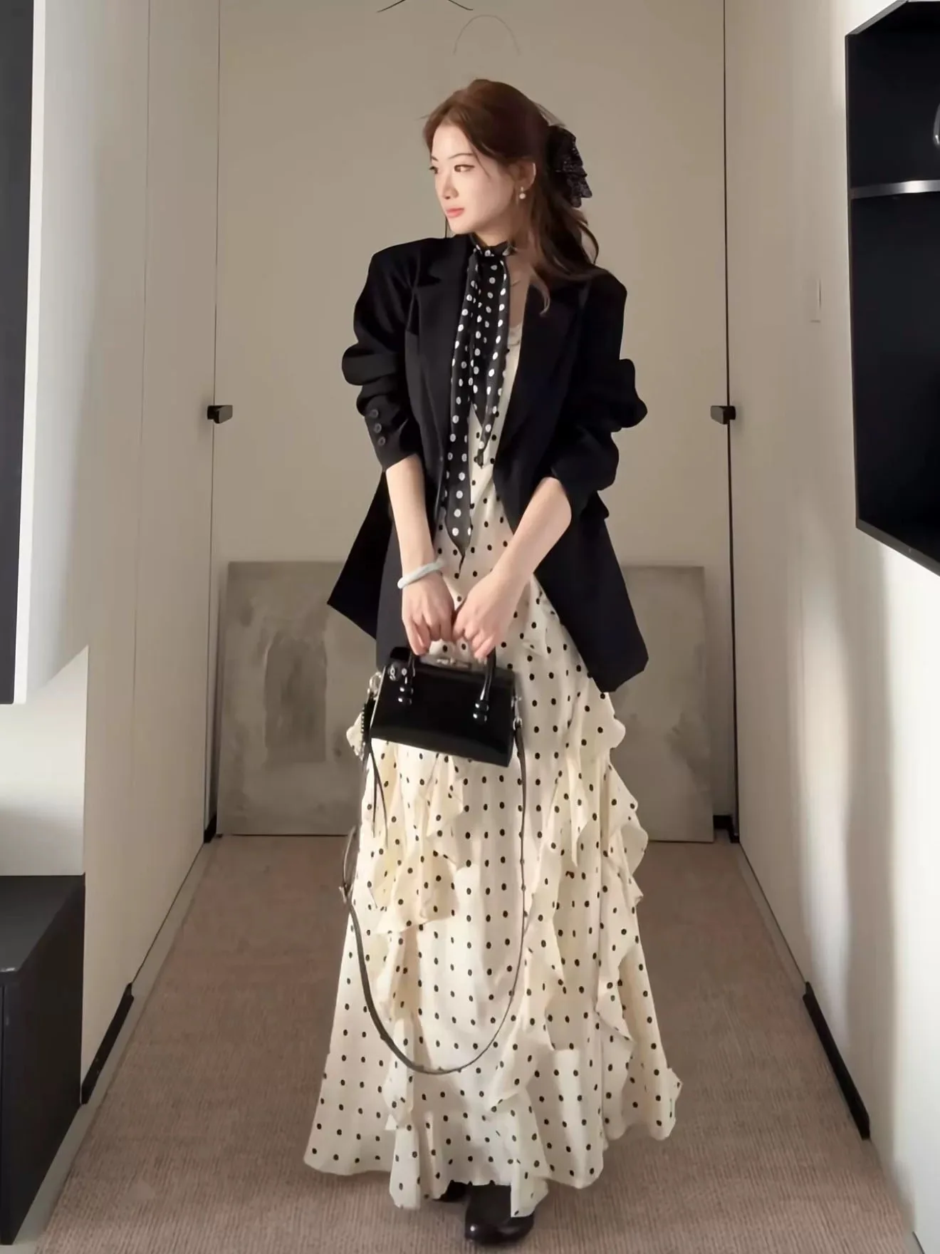 

Spring Fashion Polka Dot Long Dress Women's Suit Set High Waist Breathable V-Neck Midi Dress Elegant Style Chinese Brand