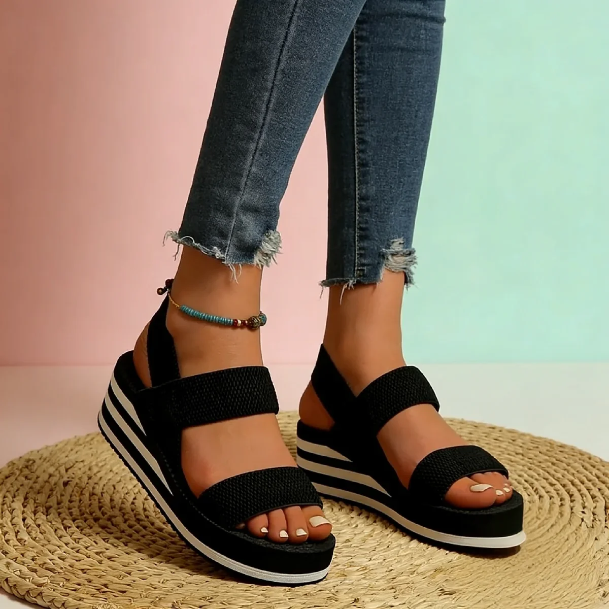 Women ShoesWomen's Light Weight Wedge Sandals Open Toe Platform Thick Soled Summer Casual Slingback Shoes With Back Strap Leisur