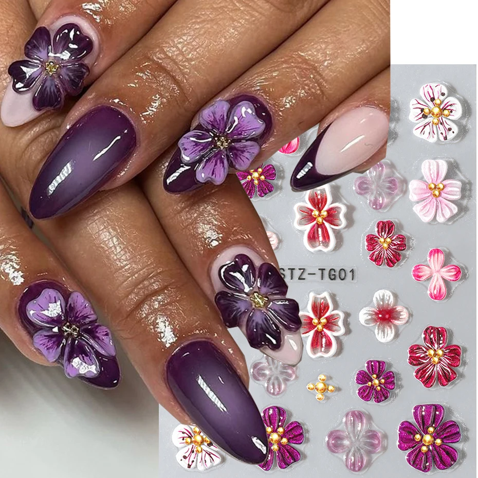 Hipster pur violet rose fleurs Rose printemps Lily camélia marguerite gelée fleur de cerisier Magnolia Nail Art autocollants manucure décalcomanies