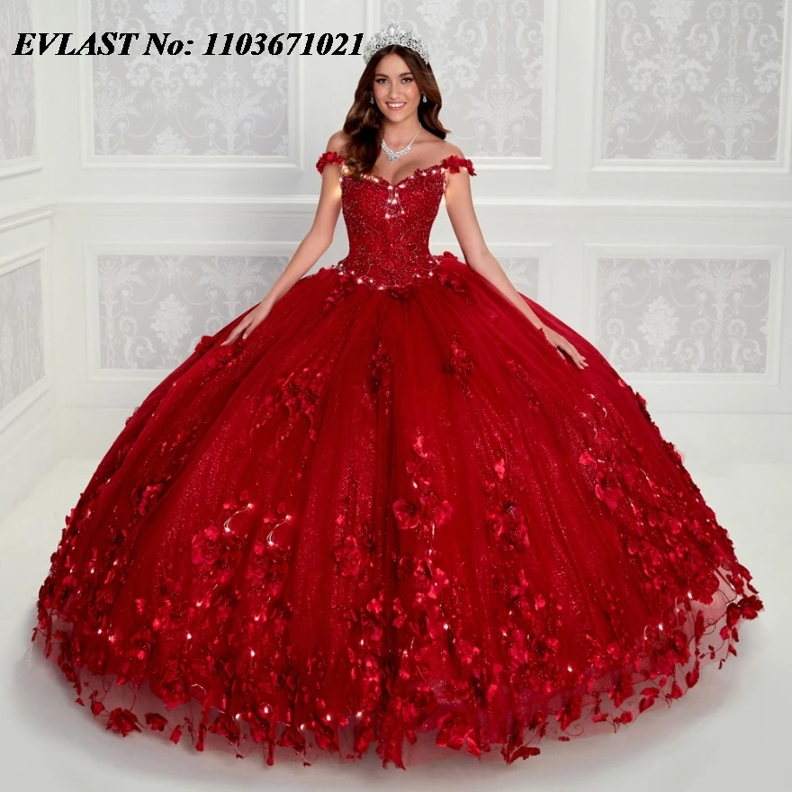 EVLAST Shiny Red Quinceanera Dress Ball Gown 3D Floral Applique Beaded With Cape Bow Mexico Sweet 16 Vestidos De 15 Anos SQ221