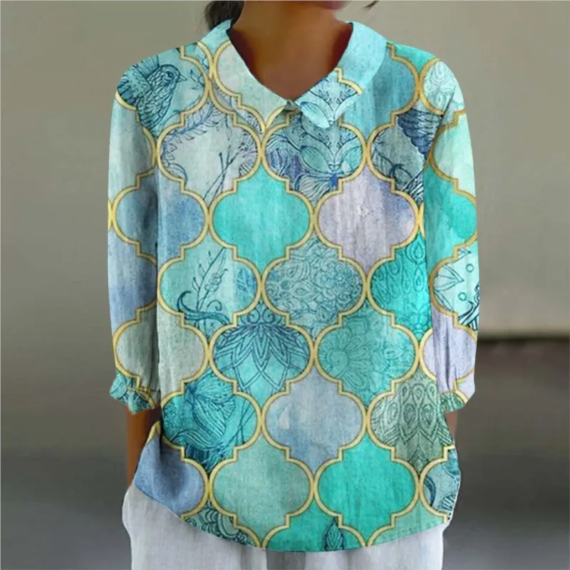 

Women's Fashion Doll Neck Long Sleeve Shirt New Autumn Flower Printed Casual Loose Top Spring Cotton And Linen Shirts Tops