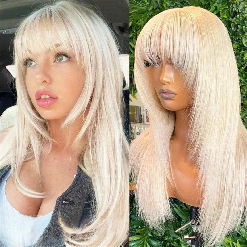 Synthetic Glueless Wig with Bangs Honey Platinum Blonde Wigs for Women Natural Looking Lace Top Wig HD Transparent Cosplay Wig