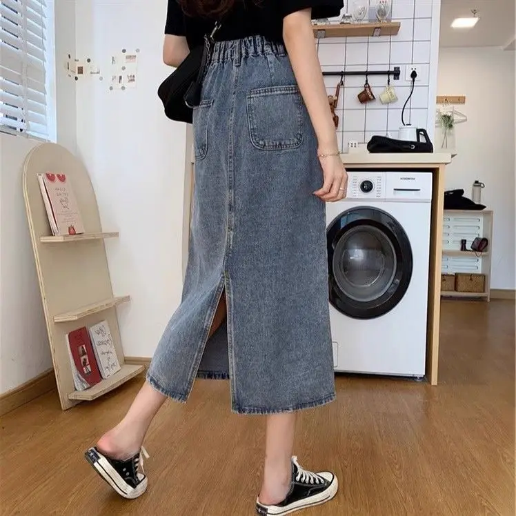 Spring and Summer Leisure Commuting Split Denim Mid Length High Waisted A-Line Slim Fit Waist Skirt with Wrapped Buttocks