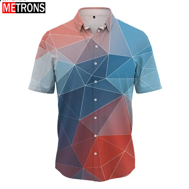 

New Fashion Men's Shirt Button Style Short Sleeve Summer Mock Neck Shirt Top Colorful Gradient Cube Element 3D Print Dress