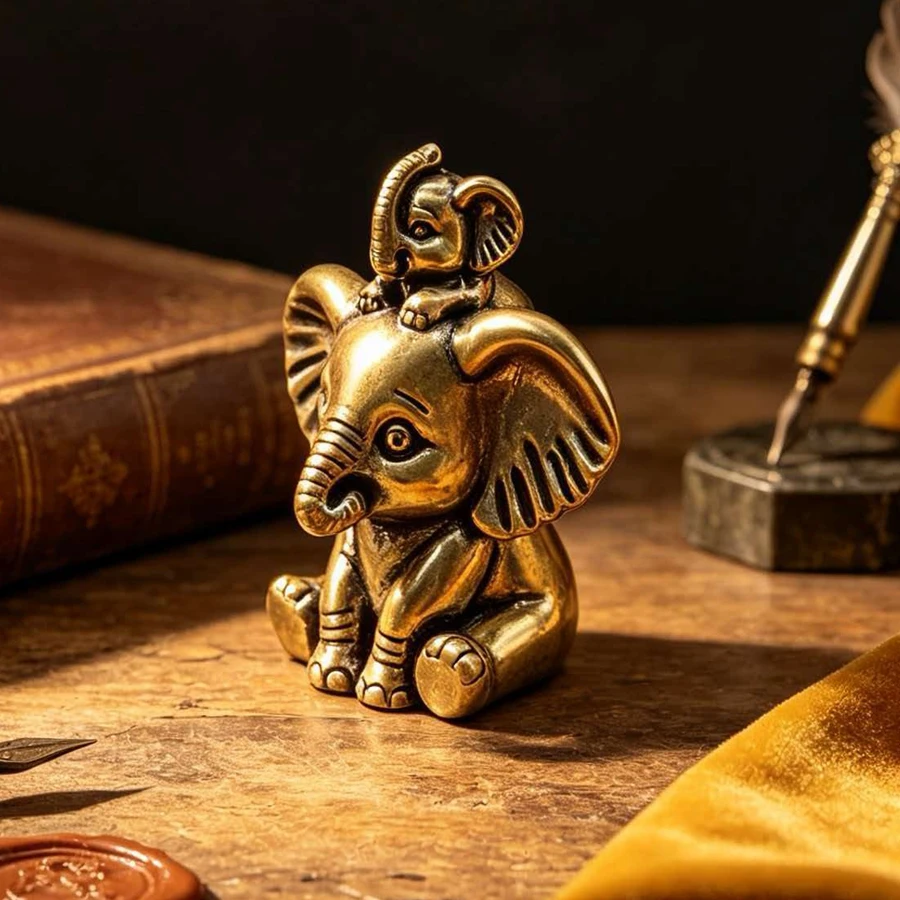 Vintage Brass Elephant Figurine with Sitting Baby Elephant, Metal Carving Craft, Mini Desktop Warm Decoration, Fun Ornament for Study Desk, Handcrafted with a Delicate Aged Texture, Perfect Gift for Housewarming and Birthday, Still Life Prop, Warm Family-Themed Brass Statue, Nostalgic Collectible, Tea Room Bookshelf Art Display, Suitable for Holiday Gifts to Friends and Family, Unique Niche Commemorative Small Ornament