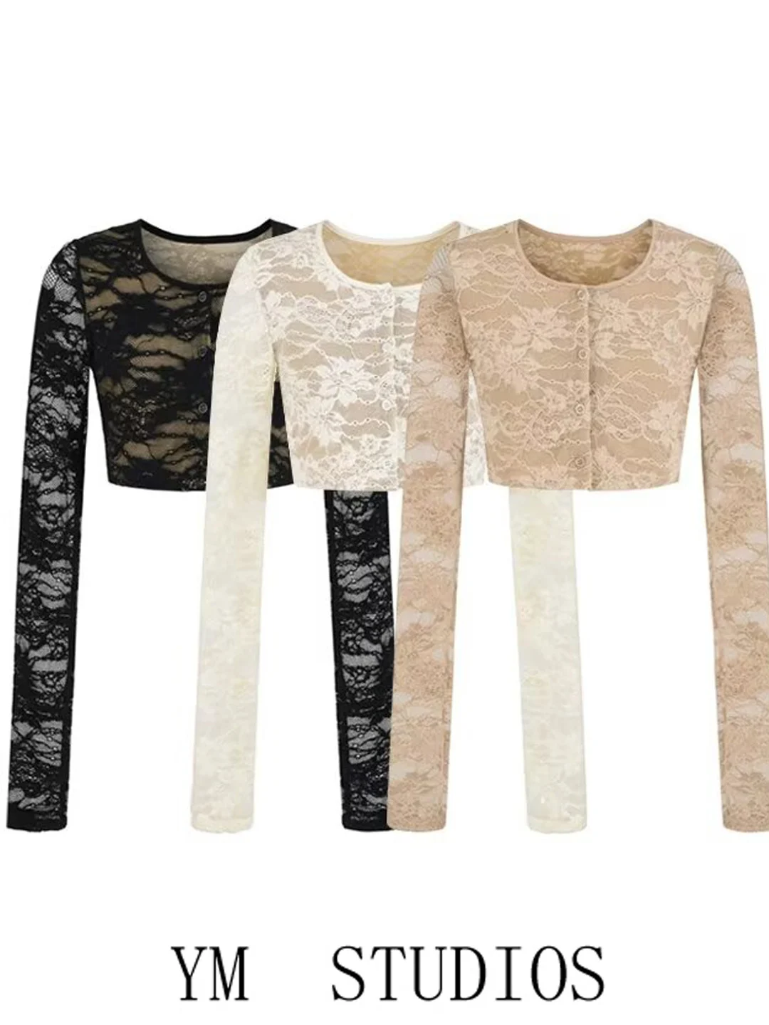 Elegant Long Sleeve Lace Open Cardigan Women's Slim Fit Belly Baring Top Small Shawl Fashionable European Style Nylon Fabric