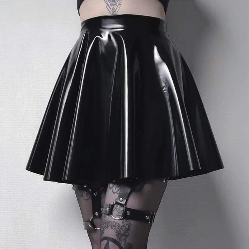 

Shiny Patent Leather A-line Skating Skirt Women Gothic PVC Pleated Skirt Ladies High Waist Faux Latex Mini Skirt Custom Clubwear