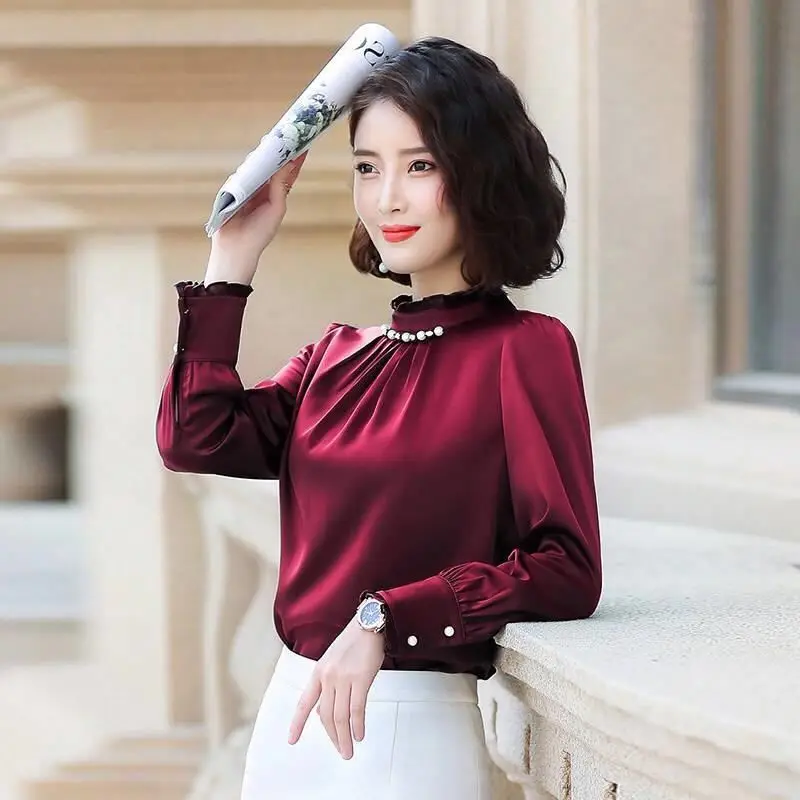 Temperament Chiffon Loose Shirt Tops Spring New Long Sleeve Solid Color Plus Size Pleated Blouse Fashion Office Women Clothing