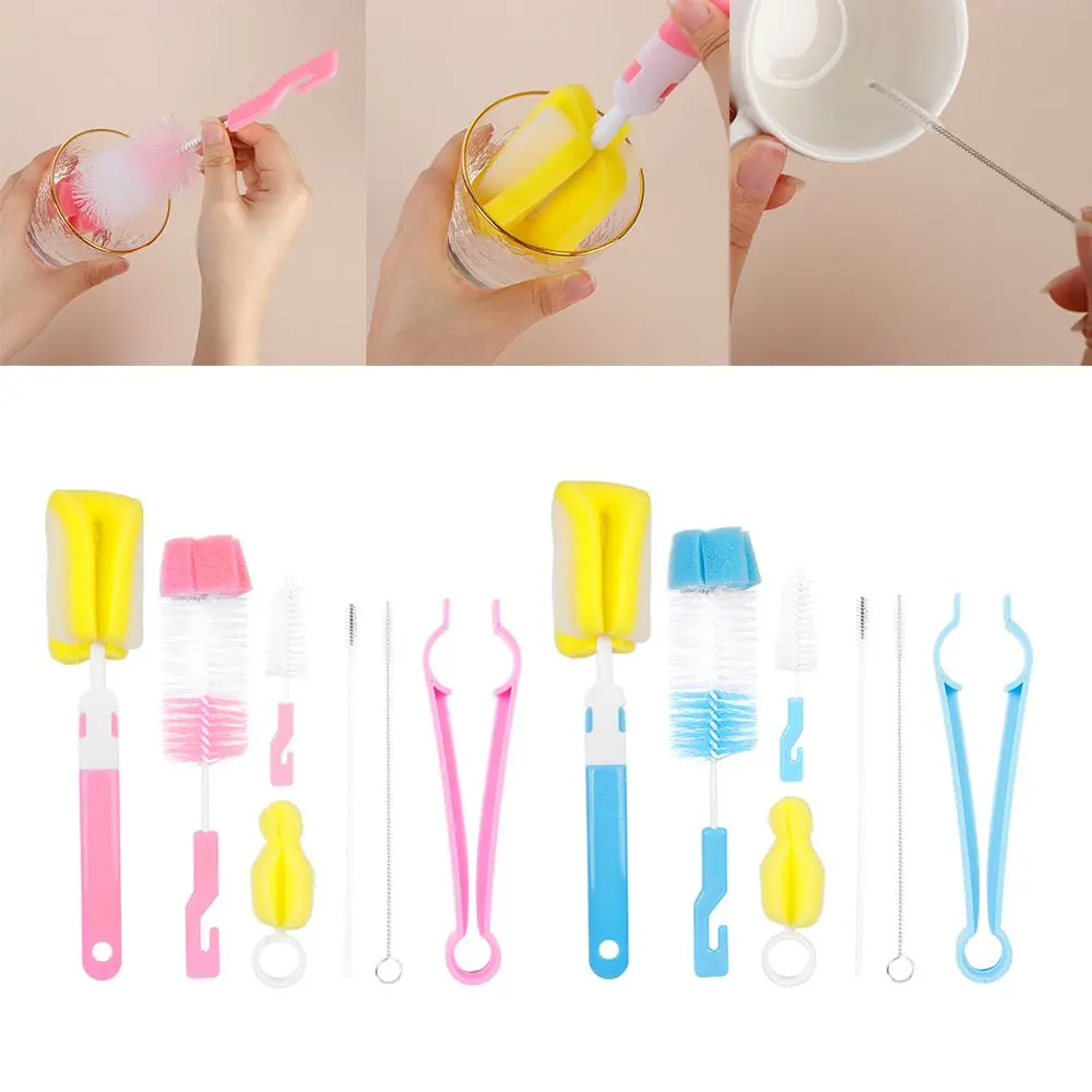 7pcs Home Washing 360-degree Clean Sponge Baby Nipple Rotating Bottle Brush