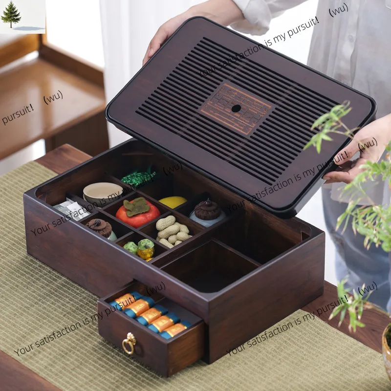 Whole bamboo tea set storage box Multifunctional storage box tray with tea tray on top and  Household living