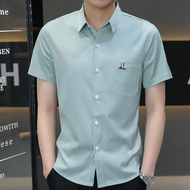 Mens Lapel Collar Gradient Dye Single Breasted Slim Fit Short Sleeve Button Down Shirt