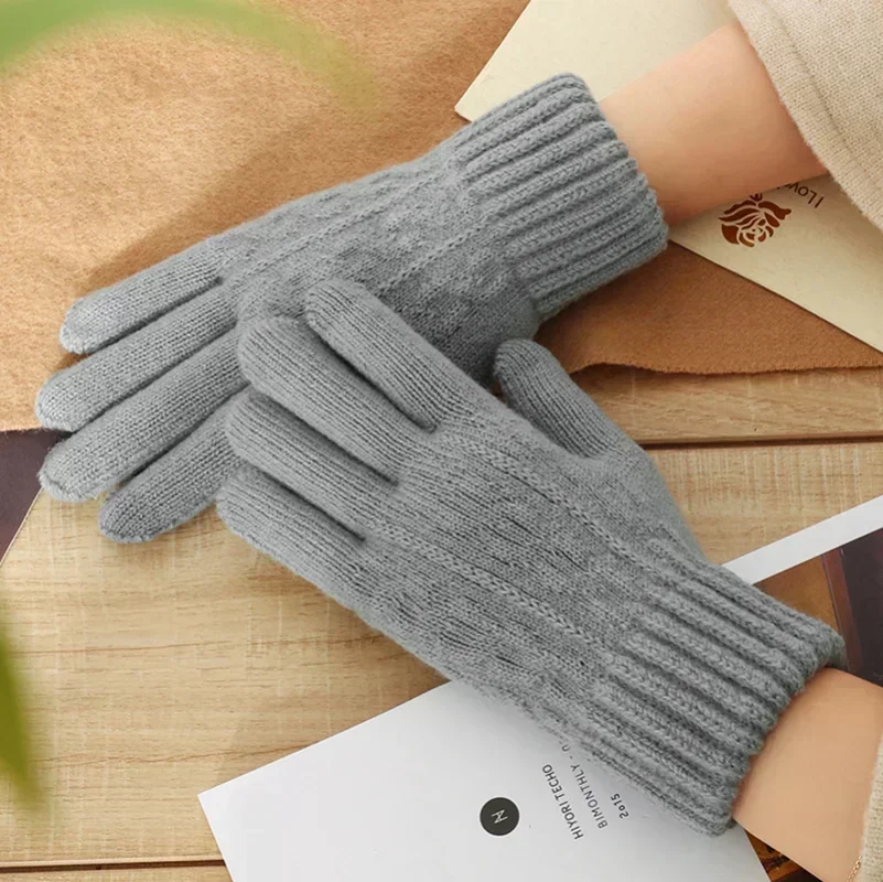 New Men\'s Warm Full Finger Gloves Winter Touchscreen Plus Fleece Gloves Woman Thickening Wool Knitted Cycling Driving Gloves