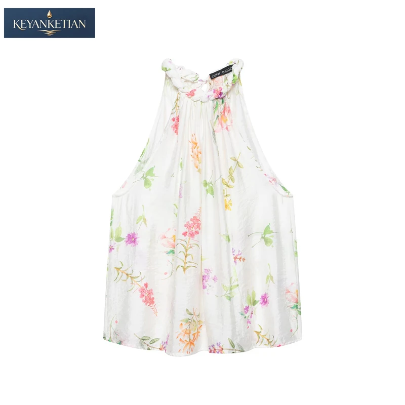 KEYANKETIAN 2026 Romantic Floral Halter Blouse Ladies Braided Neck Sleeveless Loose  Watercolor Flower Print Casual Summer Top