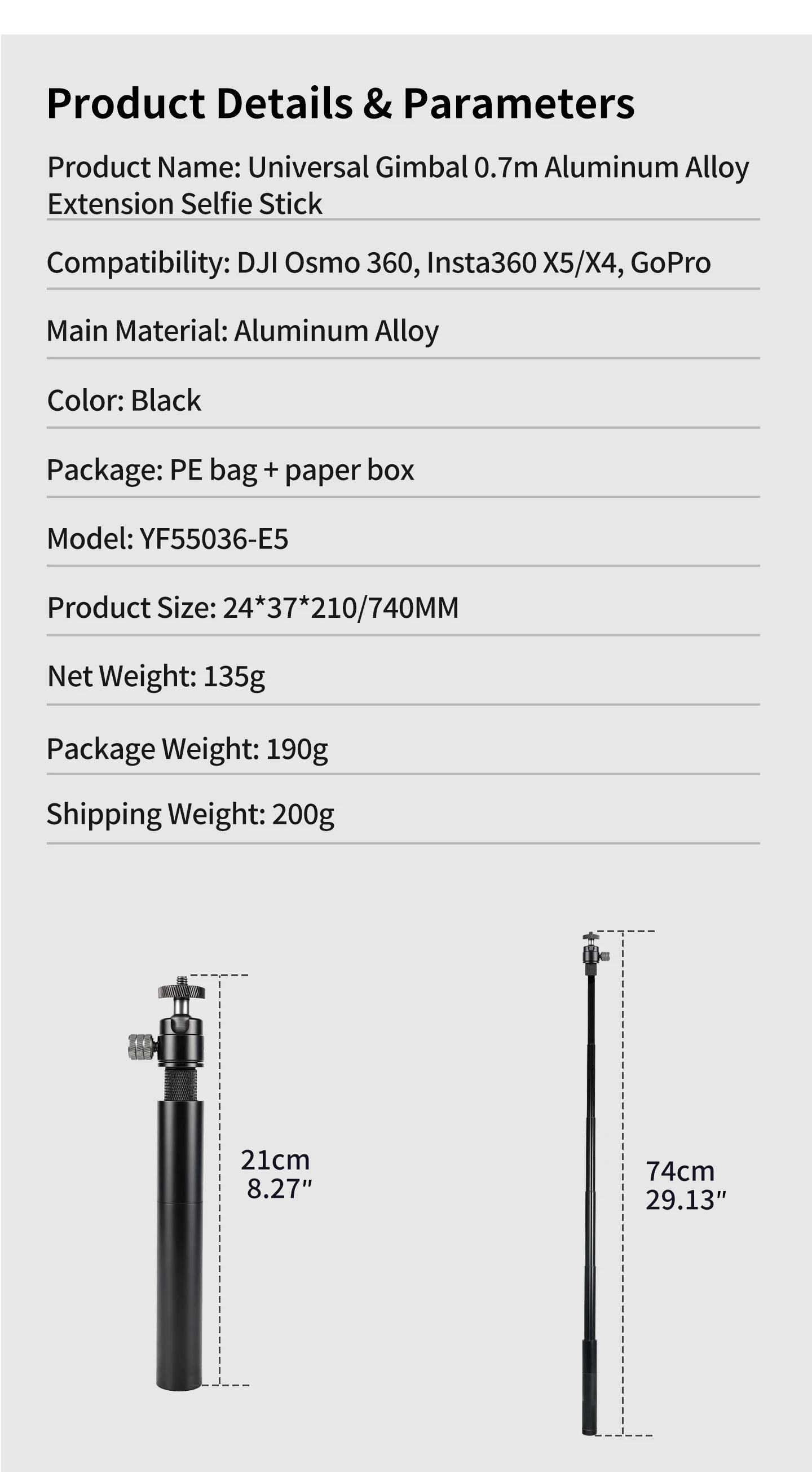 70cm Aluminium Unsichtbarer Selfie-Stick 6-teilige Verstellbare Verlängerungsstange für Insta360 X5/X6 für DJI OSMO 360 II/Action 5 Pro Kamera – Detail 12