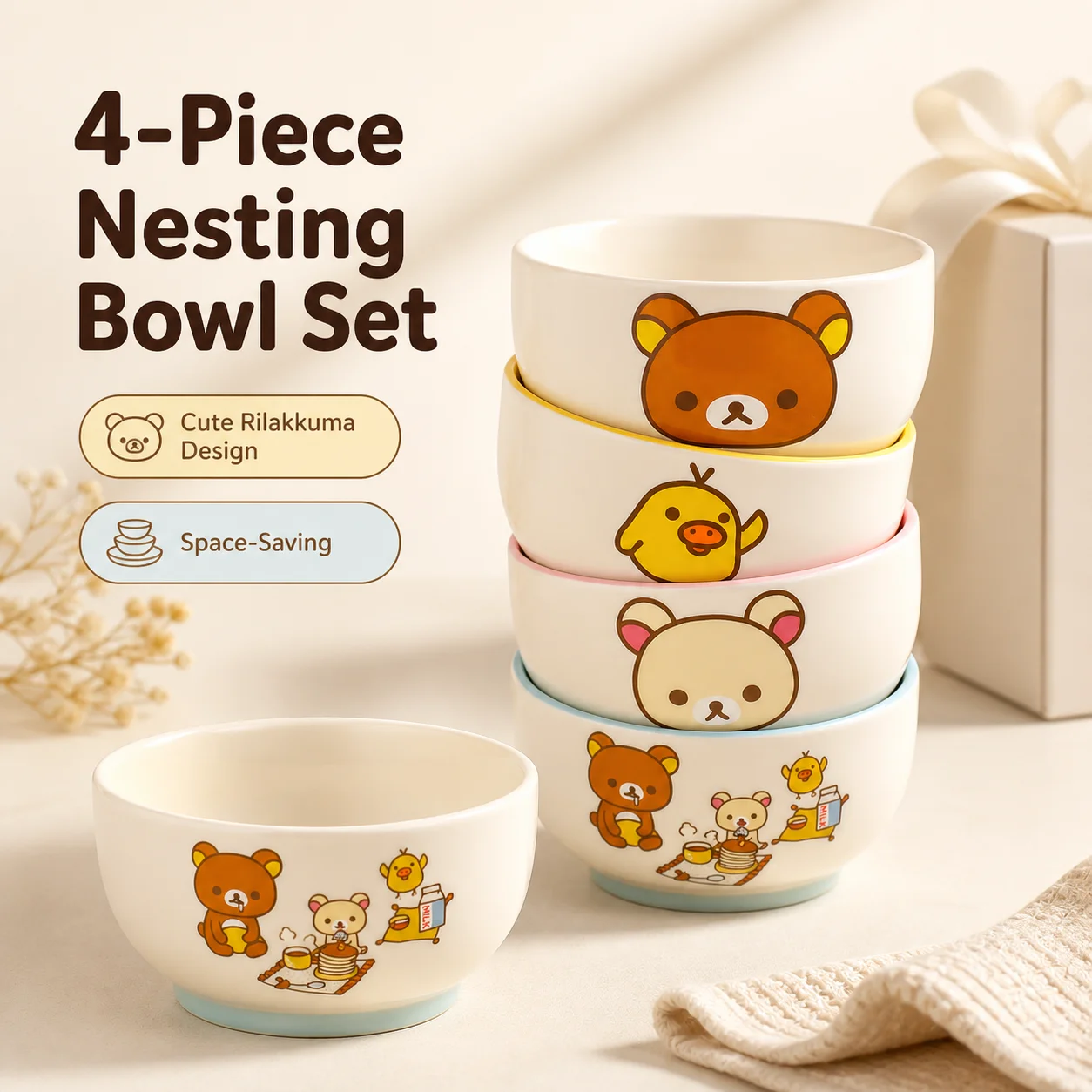 Mtutu Rilakkuma Ceramic Bowl Set 4 Pcs Cute Cartoon Rice Bowls Gift Box Pack Home Tableware Housewarming Gift For Women