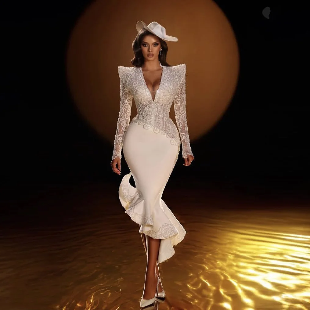 

Gorgeous Beaded Prom Dresses Full Sleeves Custom Made Party Dress Asymmetrical V Neck Applique Beading Prom Gowns Ankle Length