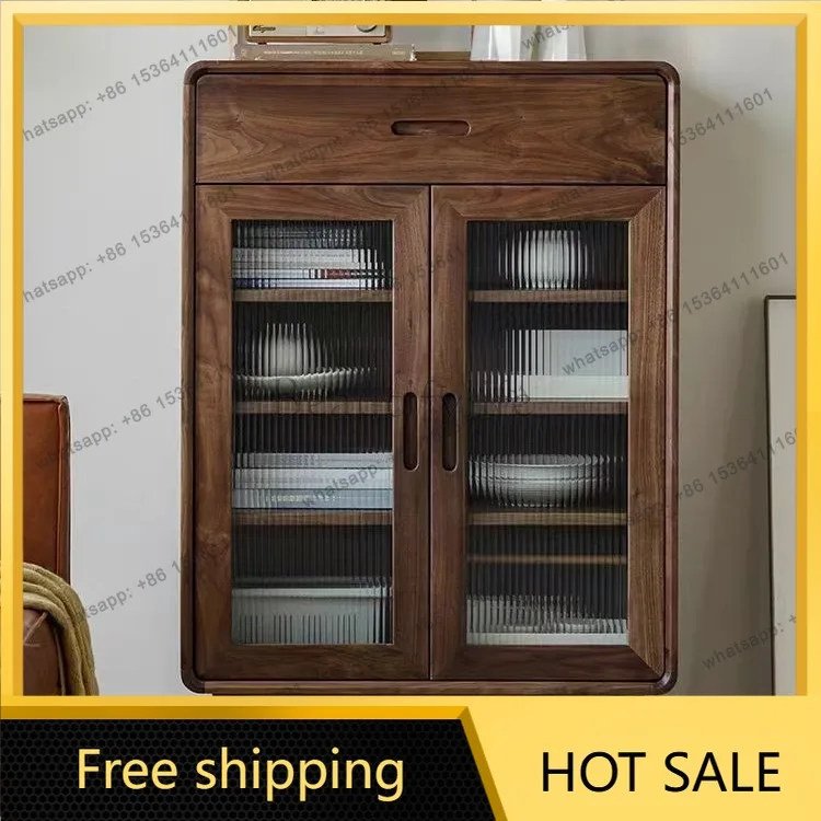 Factory Direct Sales North American Black Walnut Full Solid Wood Standing Cabinet Kitchen Bowl Living Room Storage Cabinet