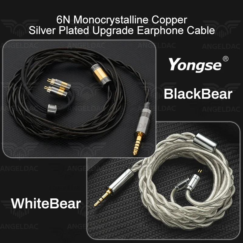 YONGSE BlackBear WhiteBear HIFI Earphone Copper Silver Plated Upgrade Cable 6N Monocrystalline Gold Plated Plug