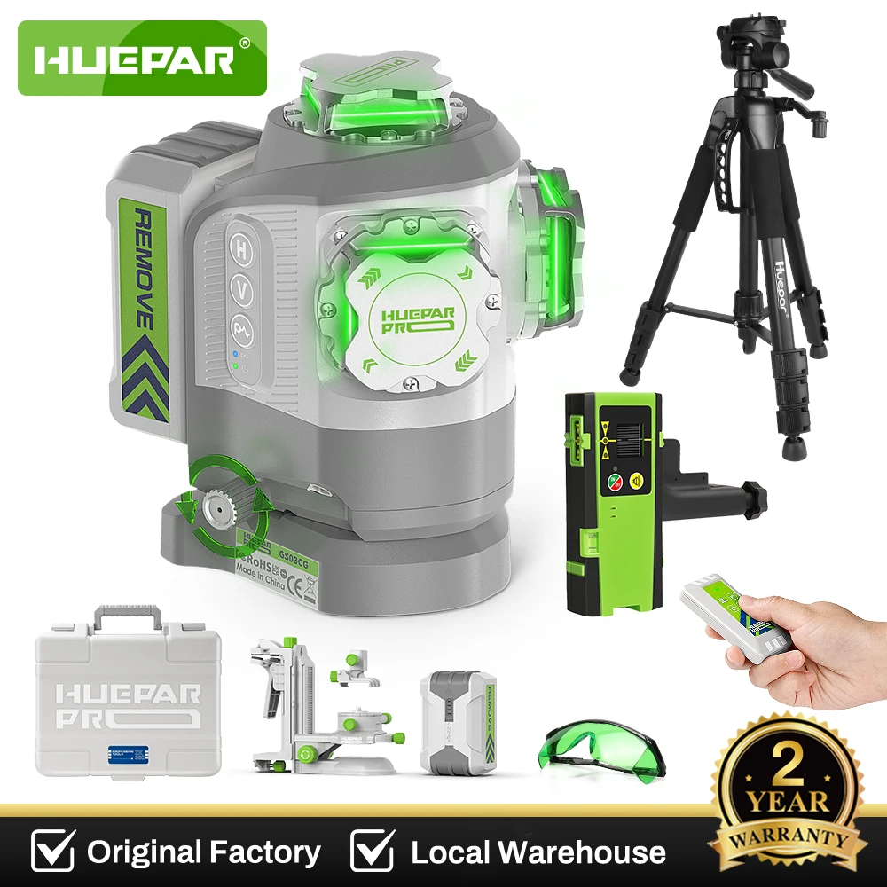 Huepar Pro Outdoor ±2mm Hochpräzises Laser-Nivelliergerät mit Selbstnivellierung, Festpunkt-Drehachse und Detektor, Stativ und Hartschalenkoffer