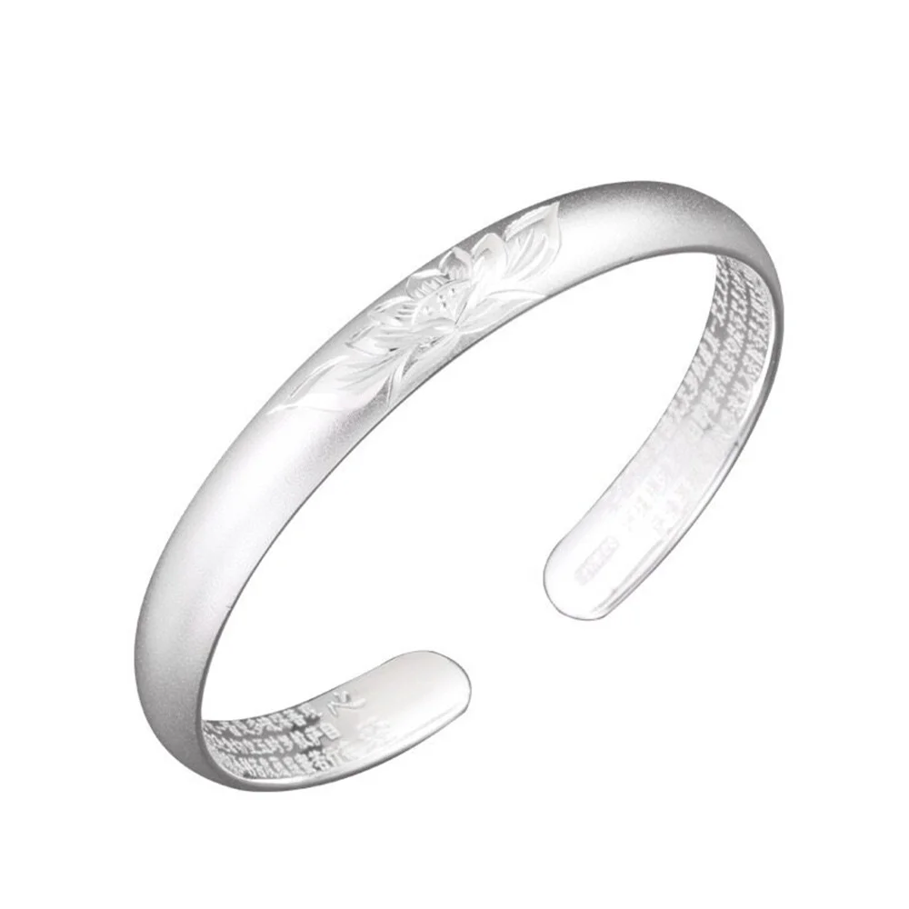 Vintage Zen Lotus Silver Bangle 9999 Pure Solid Silver Open Adjustable Bracelet Inner Full Heart Sutra Ladies Retro Fine Jewelry