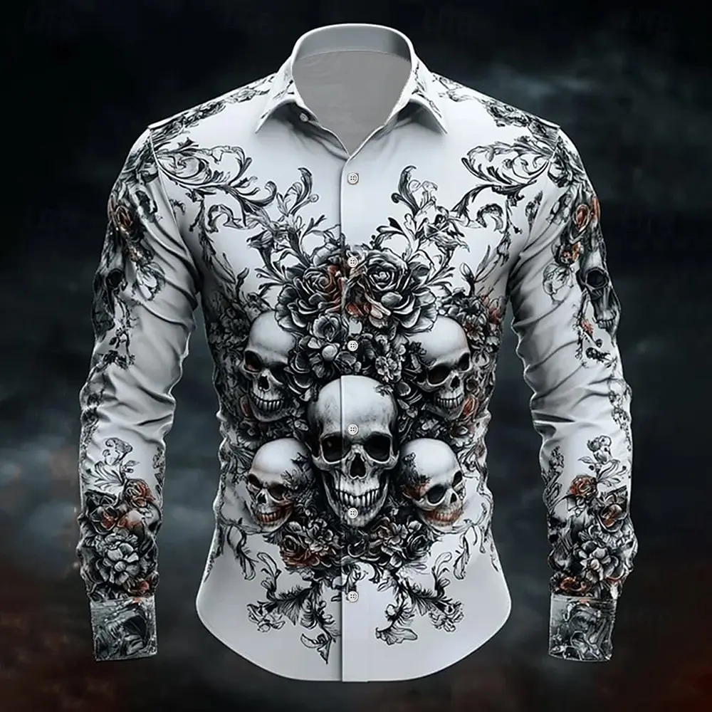 

2026 Halloween Theme Men's Halloween Costumes Skulls Shirt Button Up Shirt Casual Dress Shirt Long Sleeve Dark Gothic Style Tops