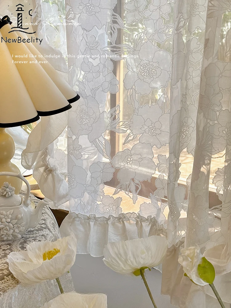 

French Lace Curtains Light Shadow Jacquard Translucent Gauze Balcony Bedroom Bay Window White Tulle door Partition Half Curtain