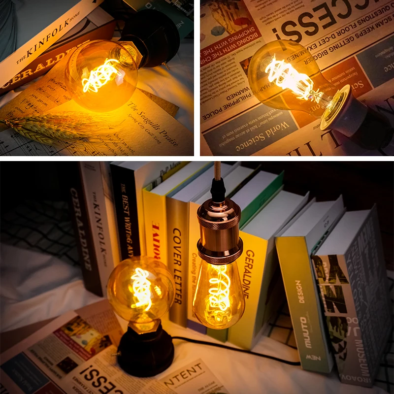 4pcs/lot E27 E14 LED Bulb AC 220V Vintage Spiral LED Filament Light Bulb C35 A60 T45 ST64 T185 T225 G80 G95 G125 4W Edison Lamp