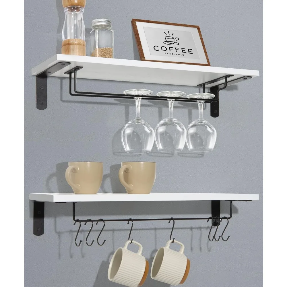 20-Inch Floating Shelf with Hooks, Set of 2 for Mugs and Glasses, Wall-Mounted Storage