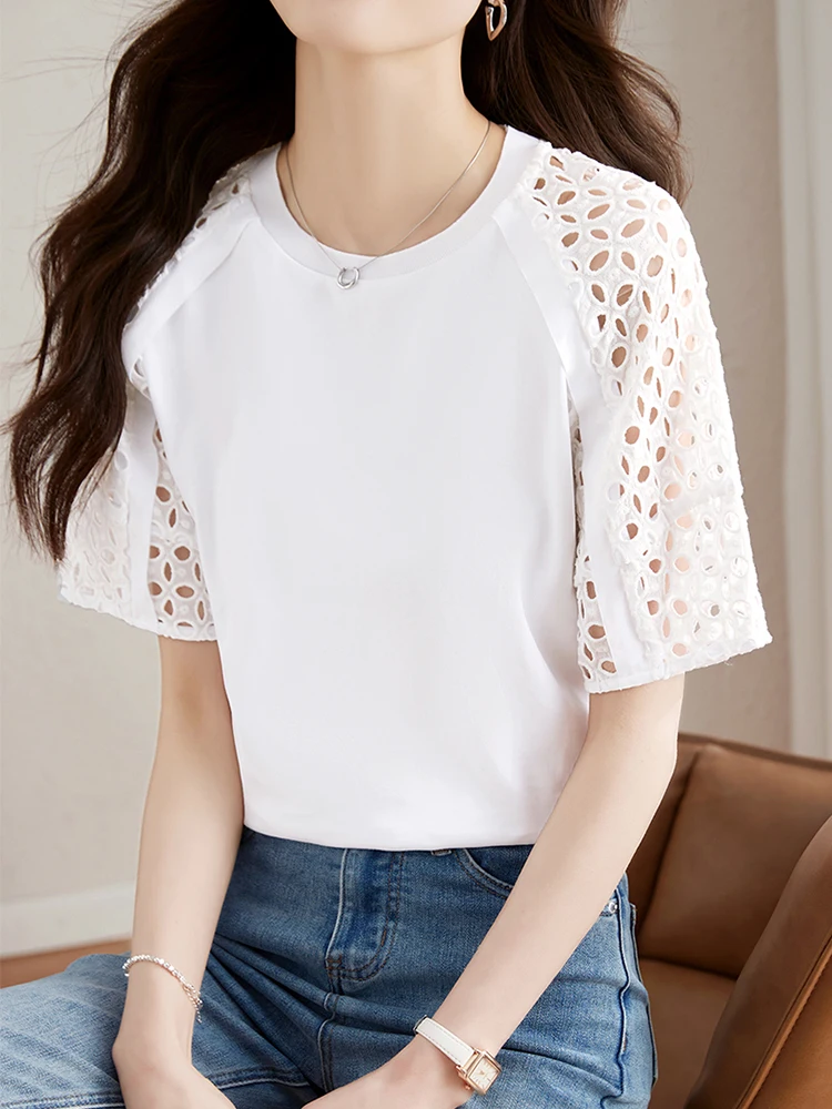 White Sexy Hallow Out Cotton Shirt Clothing For Women 2024 Casual Summer O-Neck Casual Short Sleeve Ladies Tops