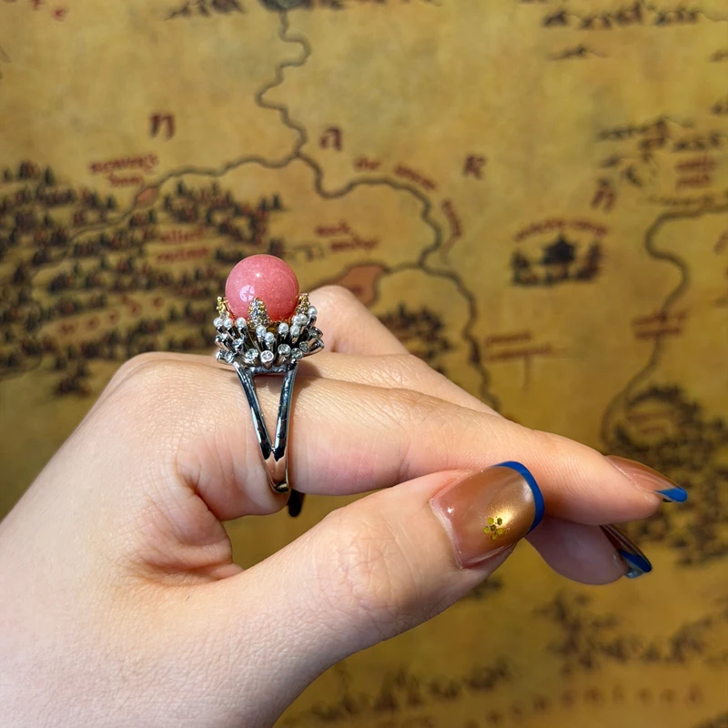 

Vintage Rose Quartz Pearl Rings Natural Stone Beads Jewelry Antique Silver Color Lady Retro Accessories Valentine'S Day Art Deco