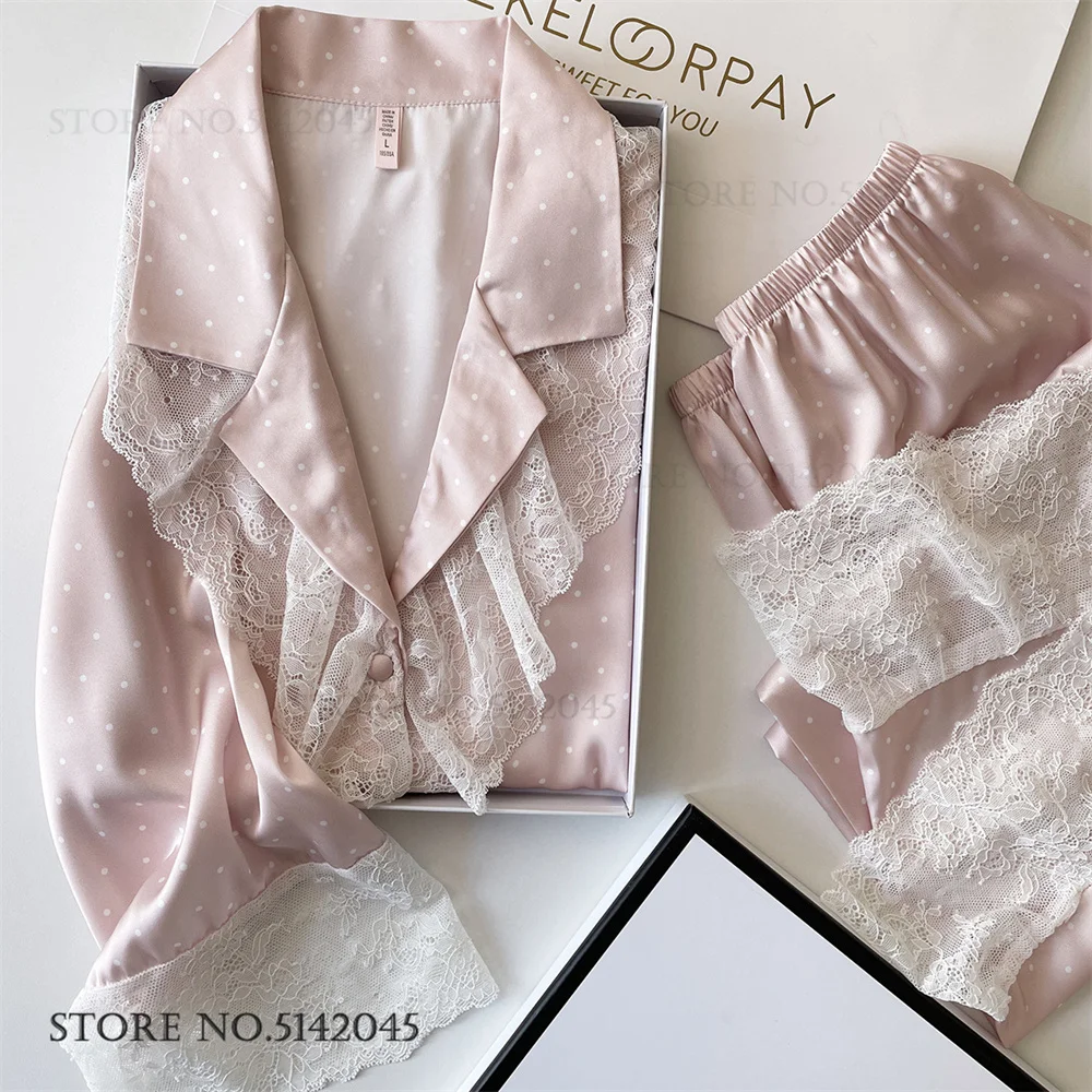 

Sweet Girl Sleepwear Long Sleeve Trouser Pijamas Suit Spring Autumn New 2PCS Pajamas Set Night Wear Loose Satin Homewear Pyjama
