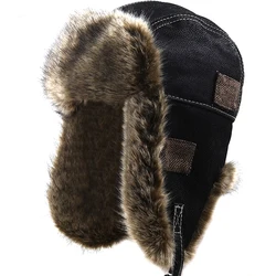 Bomber Hats Winter Men Warm Russian Ushanka Hat with Ear Flap Pu Leather Fur Trapper Cap Earflap for Women