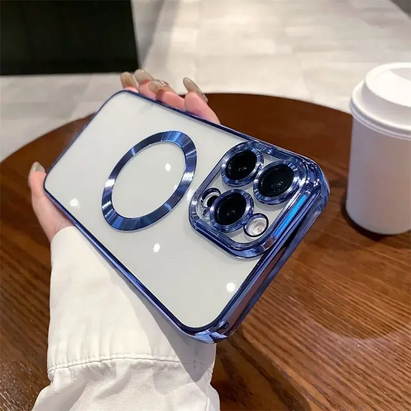 Magnetische kabellose Ladung, leichte, klare, weiche TPU-Handyhülle für iPhone 11, 12, 13, 14, 15, 16 Pro Max, Objektivfolie, Schutzhülle