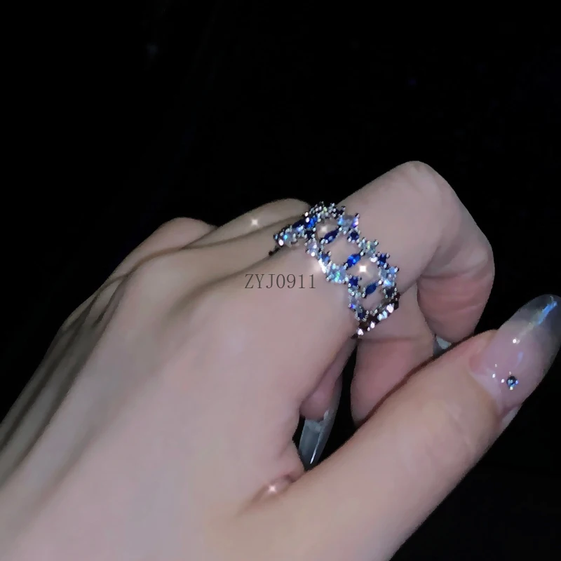 Cincin berlian berongga zirkon biru indah mewah ringan cincin jari telunjuk unik bermutu tinggi
