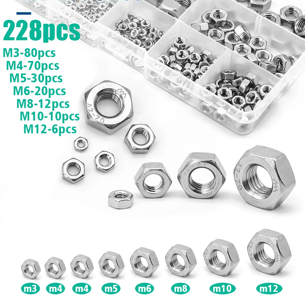 Set da 228 pezzi di dadi esagonali in acciaio inossidabile M3M4M5M6M8M10M12, accessori per attrezzature industriali, manutenzione di strutture domestiche.