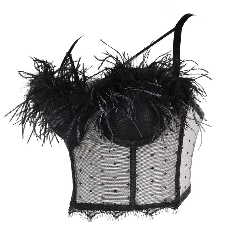 

Feather Camisole Women's Outer Wear with Chest Pads Short Section with Thin Lace Tube Top Strapless Nightclub Jumping Top