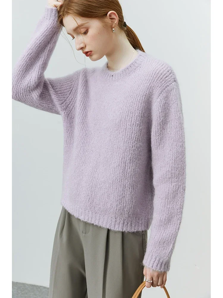 FSLE Soft Glutinous Mohair Sweater Women Autumn Winter Loose Style Round Neck All-match Solid Color Female Pullover Sweaters