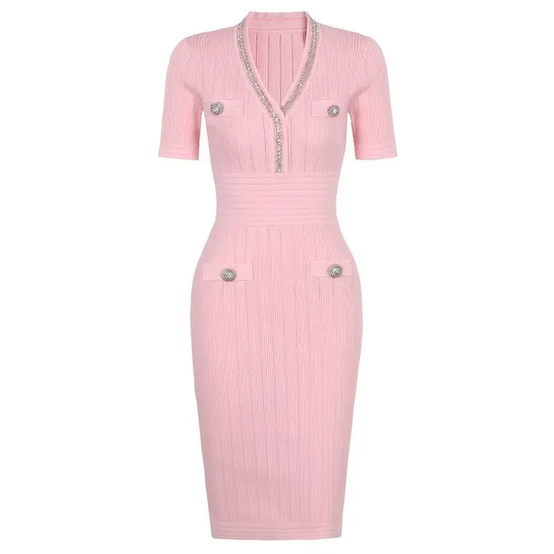 

Elegant Short Sleeve V-Neck Knitted Dress Bodycon Slim Fit Beaded Wrap around Skirt Linen Blend Fabric Citywalk Suitable