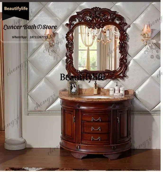 European antique american bathroom cabinet floor-standing oak solid wood semi-circular bathroom cabinet combination b567