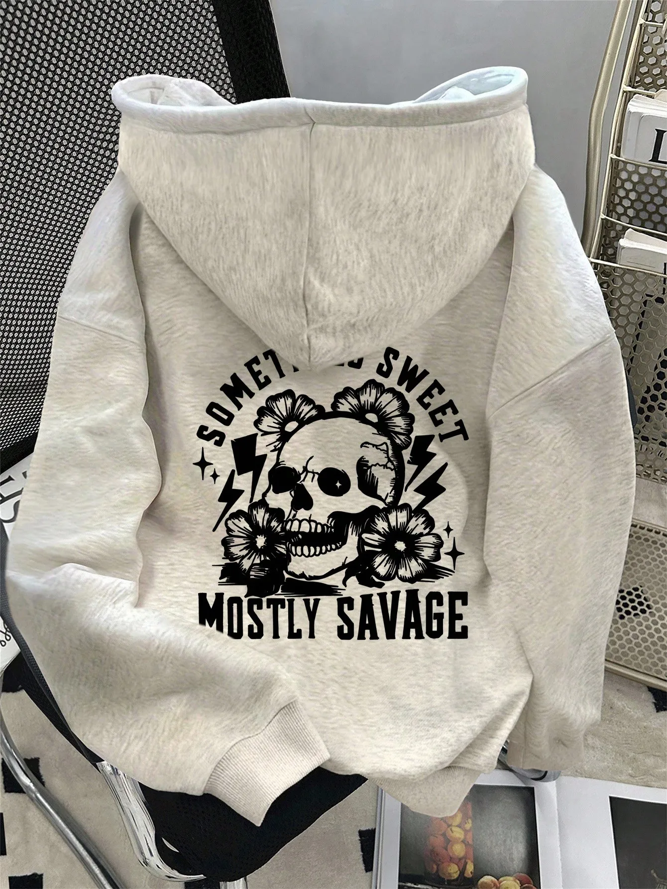 

Women's Loose Hoodie with Skull & Flower Print, 'Mostly Savage' Graphic, Casual Autumn Sweatshirt