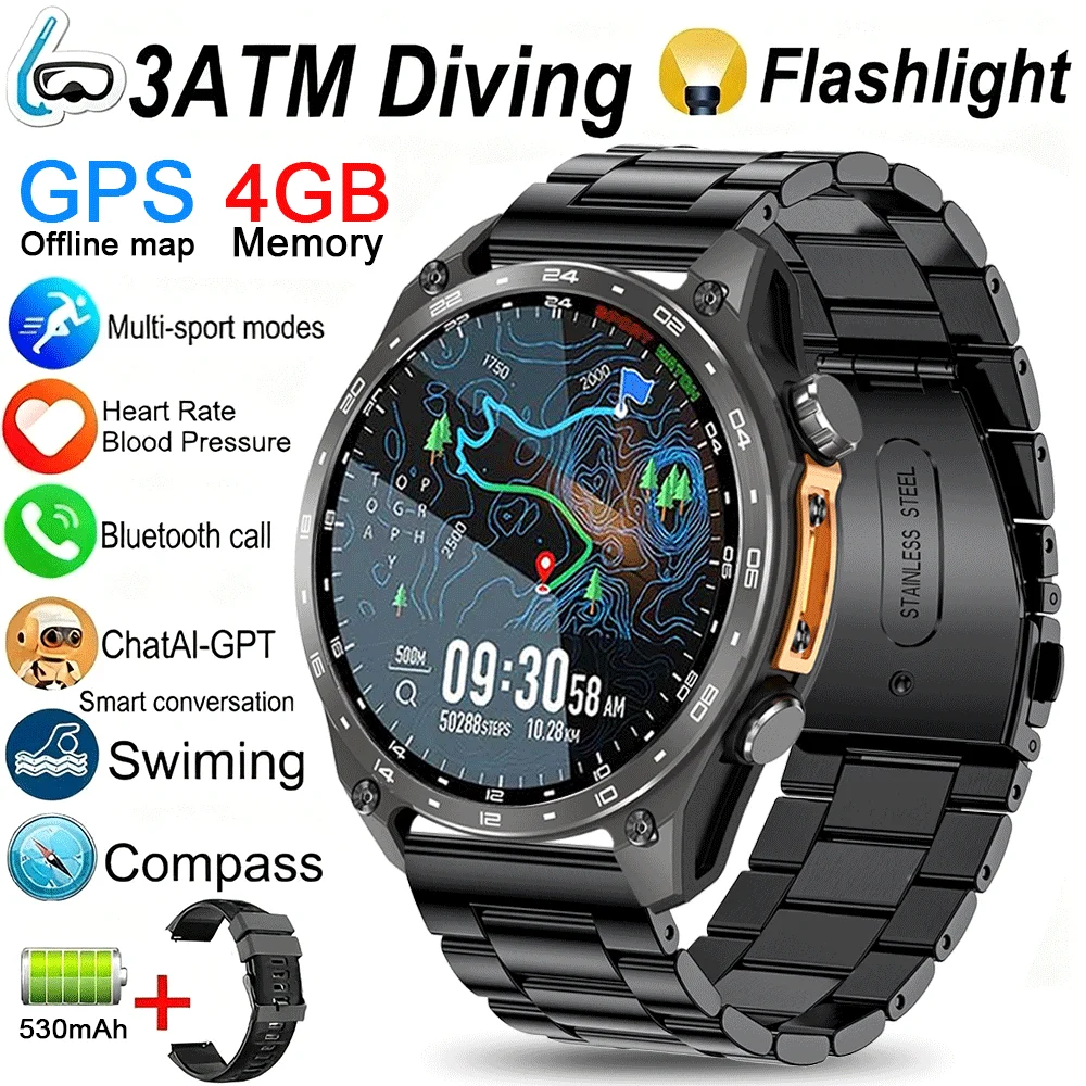 Nowy męski smartwatch wojskowy 2025 z wbudowanym GPS, Bluetooth, funkcją połączeń, kompasem, barometrem, wysokościomierzem, wodoodpornością 3ATM, smartwatch sportowy.