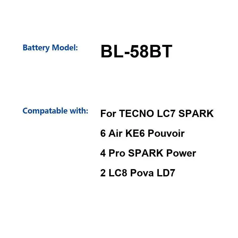 بطارية الهاتف المحمول BL-58BT 6000Mah لـ Tecno LC7 Spark 6 Air KE6 Pouvoir 4 Pro Power 2 LC8 Pova LD7